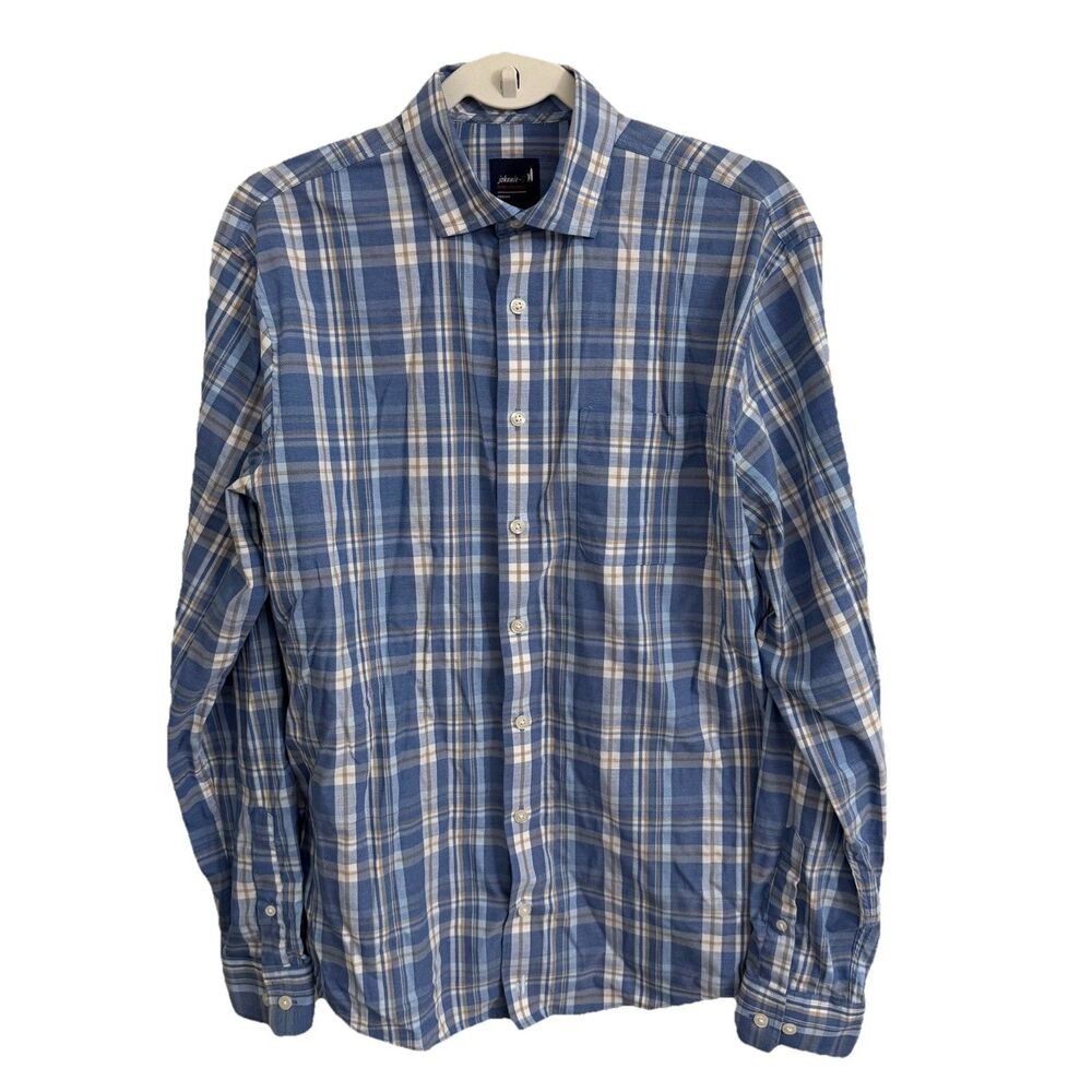 JOHNNIE-O Lassen Performance Shirt Mens Medium Blue Plaid Windowpane Button Down